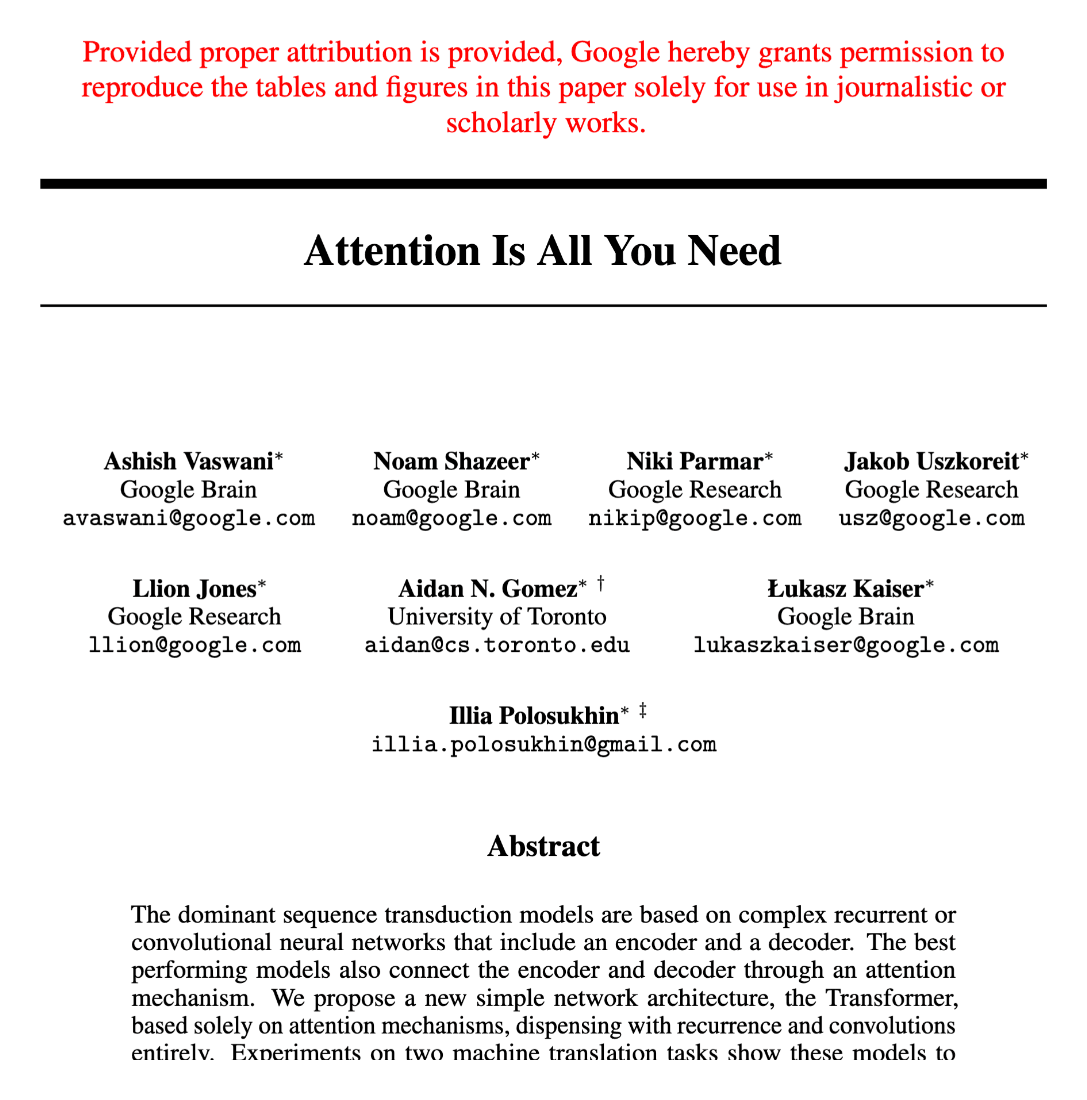 First page of Attention Is All You Need by Vaswani et al., 2017, with Google's red note granting permission to reproduce its tables and figures