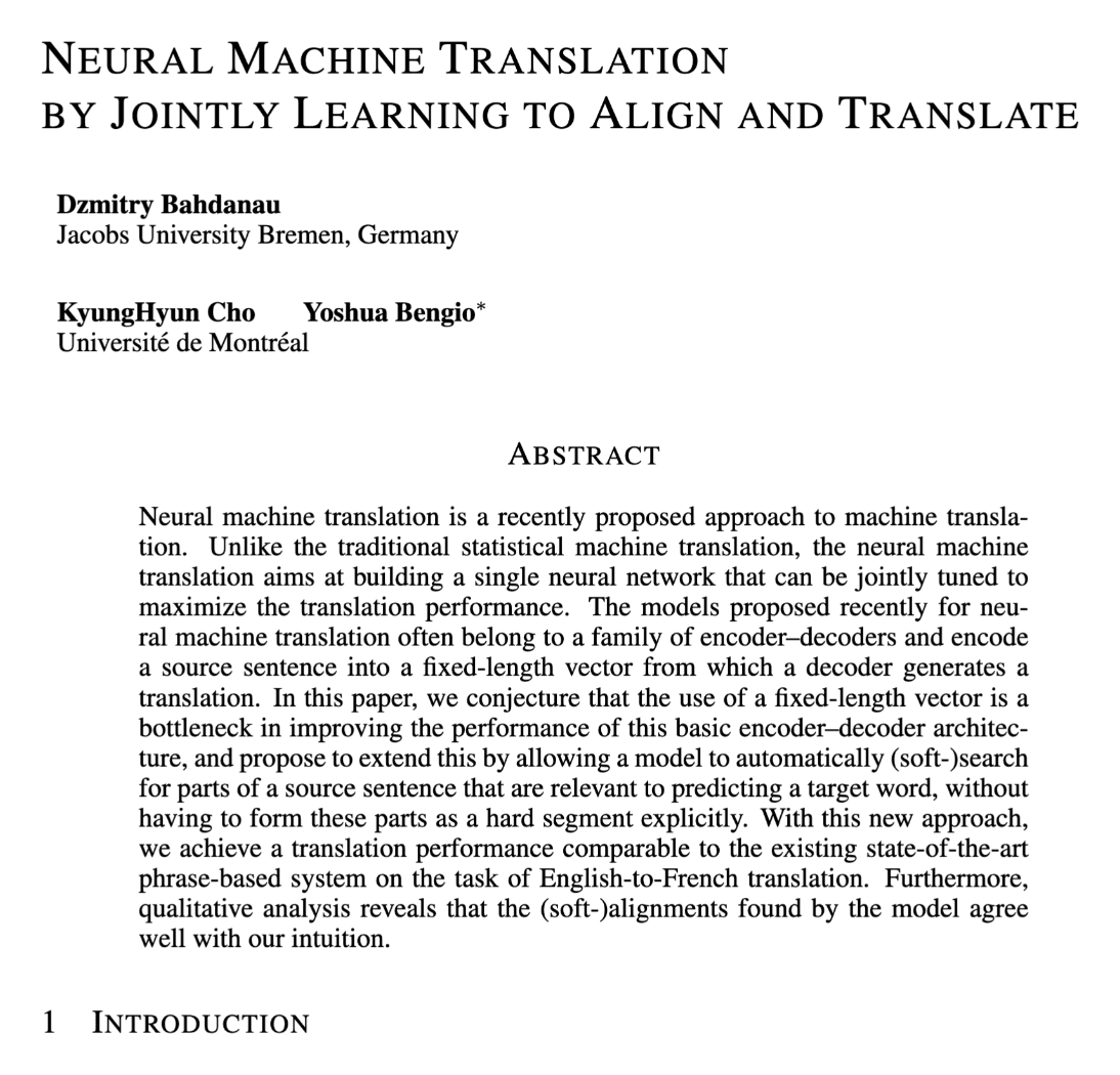 Title and abstract of Neural Machine Translation by Jointly Learning to Align and Translate, Bahdanau, Cho and Bengio, 2014