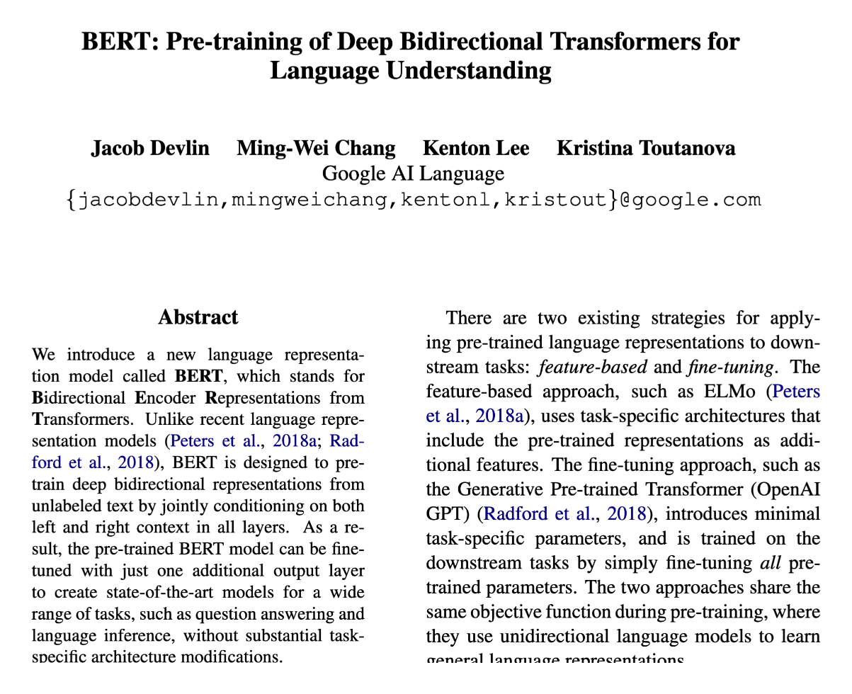 Title and abstract of BERT: Pre-training of Deep Bidirectional Transformers for Language Understanding, Devlin et al., 2018