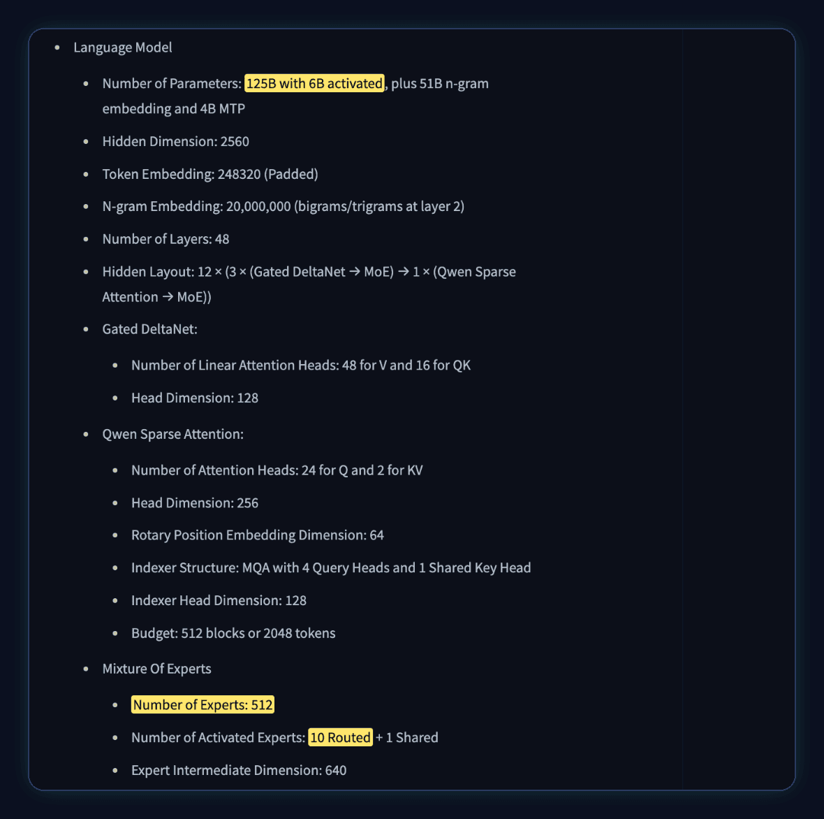Qwen3.8-Flash-Next model card, language model section, highlighted: Number of Parameters: 125B with 6B activated, plus 51B n-gram embedding and 4B MTP. Number of Layers: 48. Number of Experts: 512. Number of Activated Experts: 10 Routed + 1 Shared. Expert Intermediate Dimension: 640.