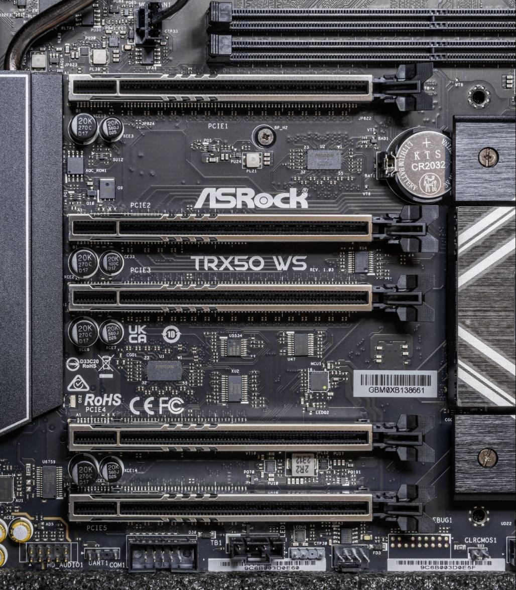 Five PCIe x16 slots on a workstation motherboard