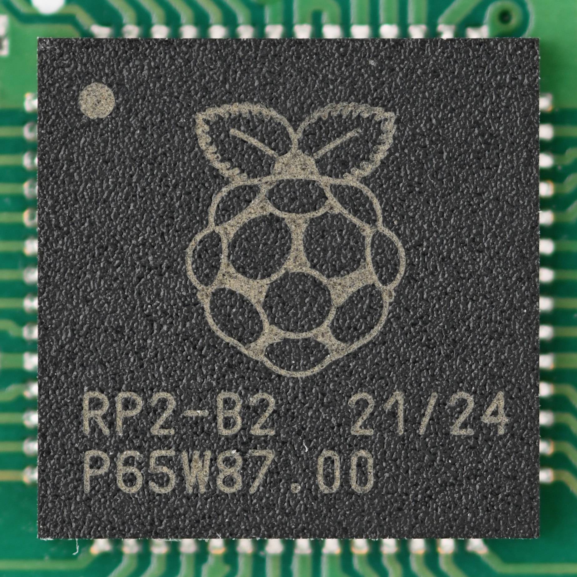 Close-up of the RP2040 microcontroller chip