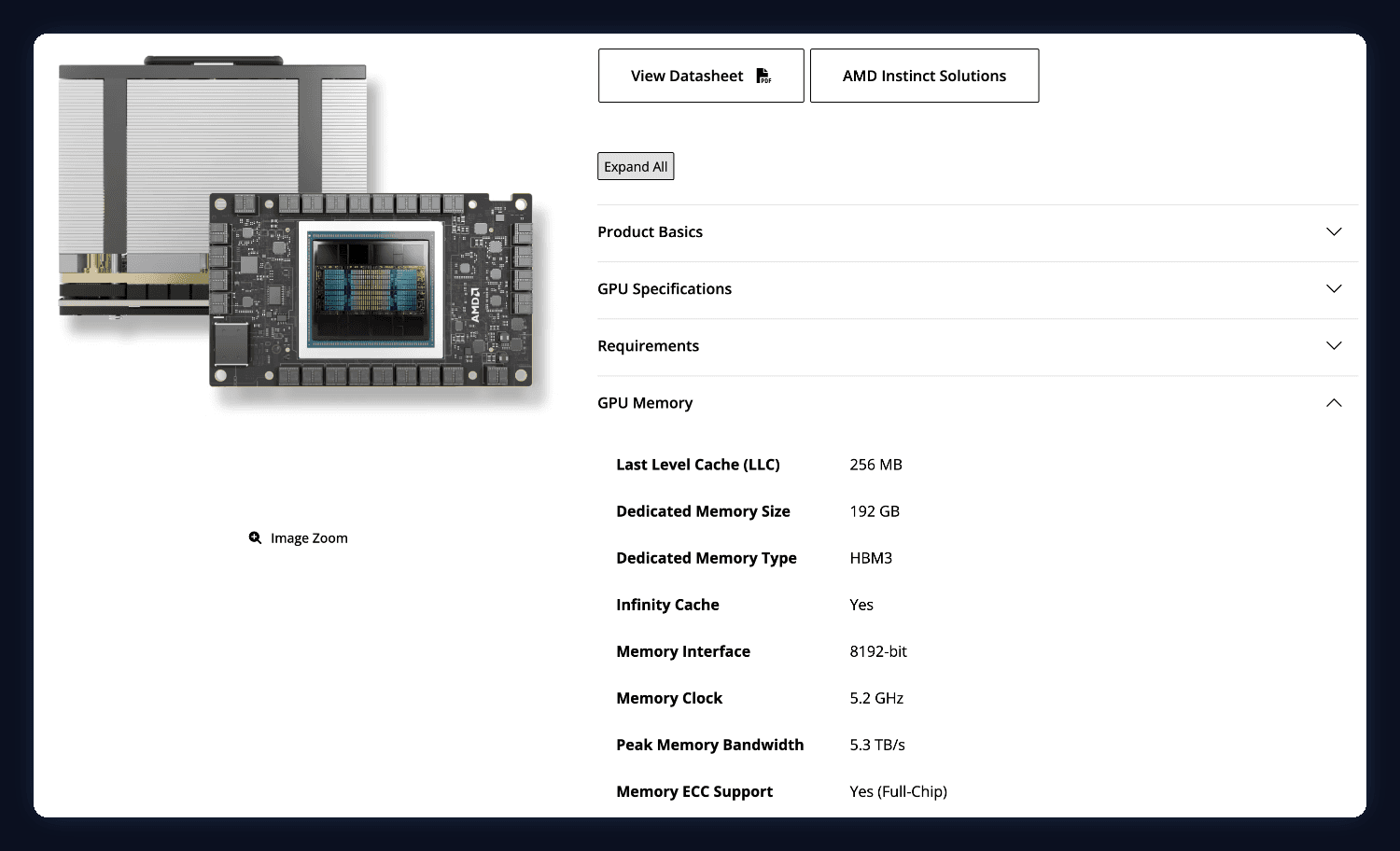 AMD Instinct MI300X product page, GPU Memory section: dedicated memory size 192 GB, memory type HBM3, peak memory bandwidth 5.3 TB/s.