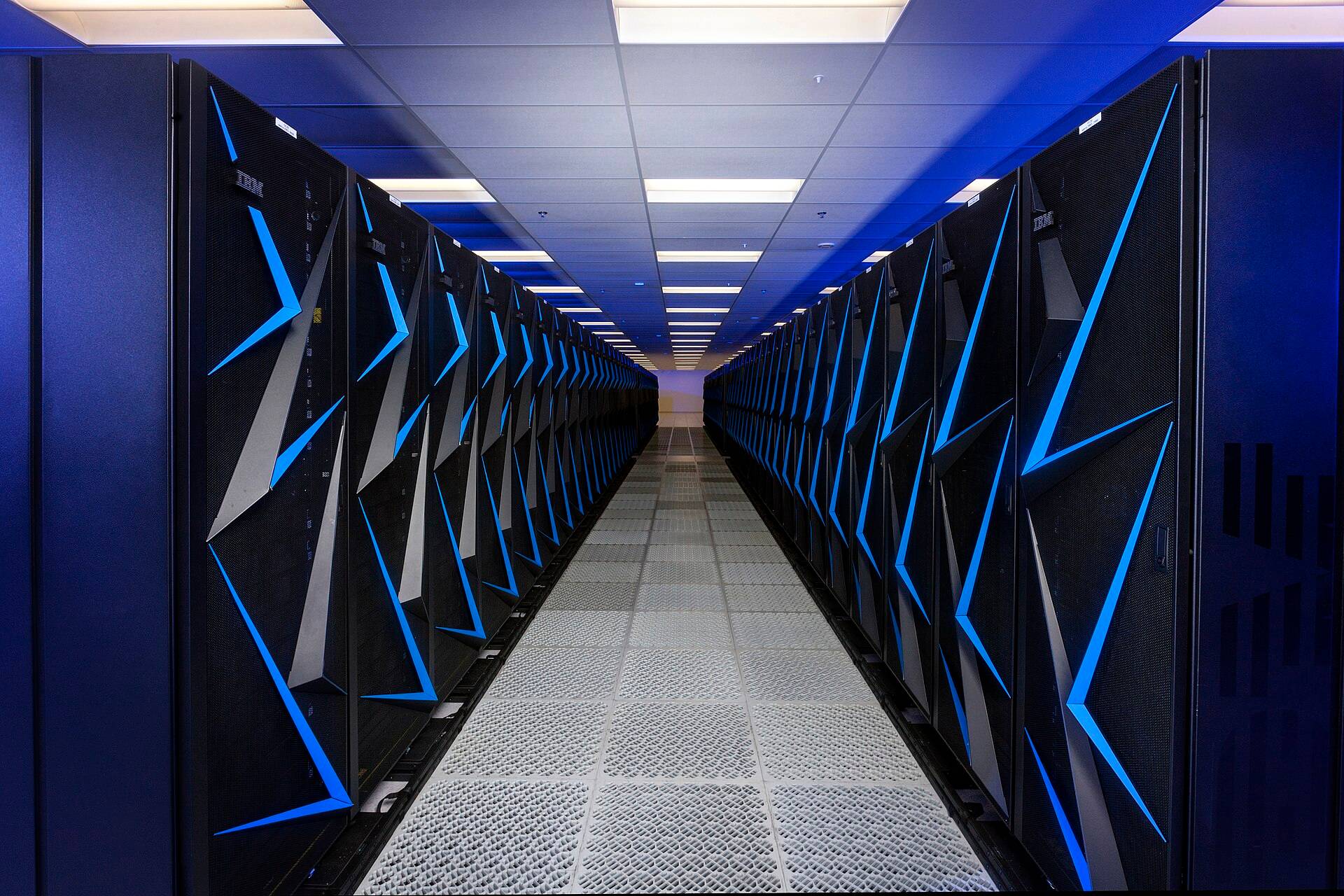 An aisle of supercomputer racks