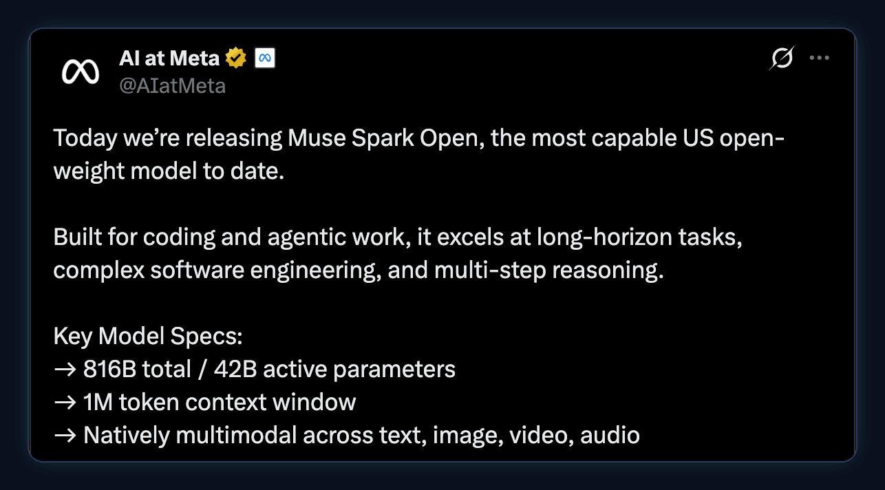 Tweet by AI at Meta: Today we're releasing Muse Spark Open, the most capable US open-weight model to date. Built for coding and agentic work. Key model specs: 816B total, 42B active parameters; 1M token context window; natively multimodal across text, image, video, audio.