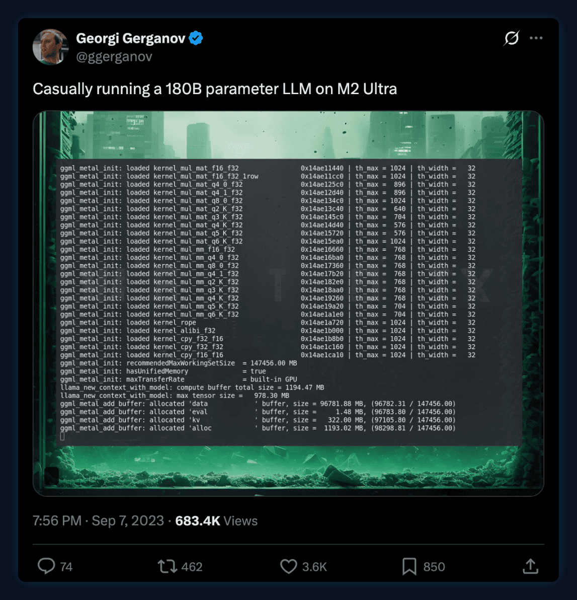 Tweet by Georgi Gerganov, September 7, 2023: Casually running a 180B parameter LLM on M2 Ultra. The attached terminal log shows a data buffer of 96,781 MB.