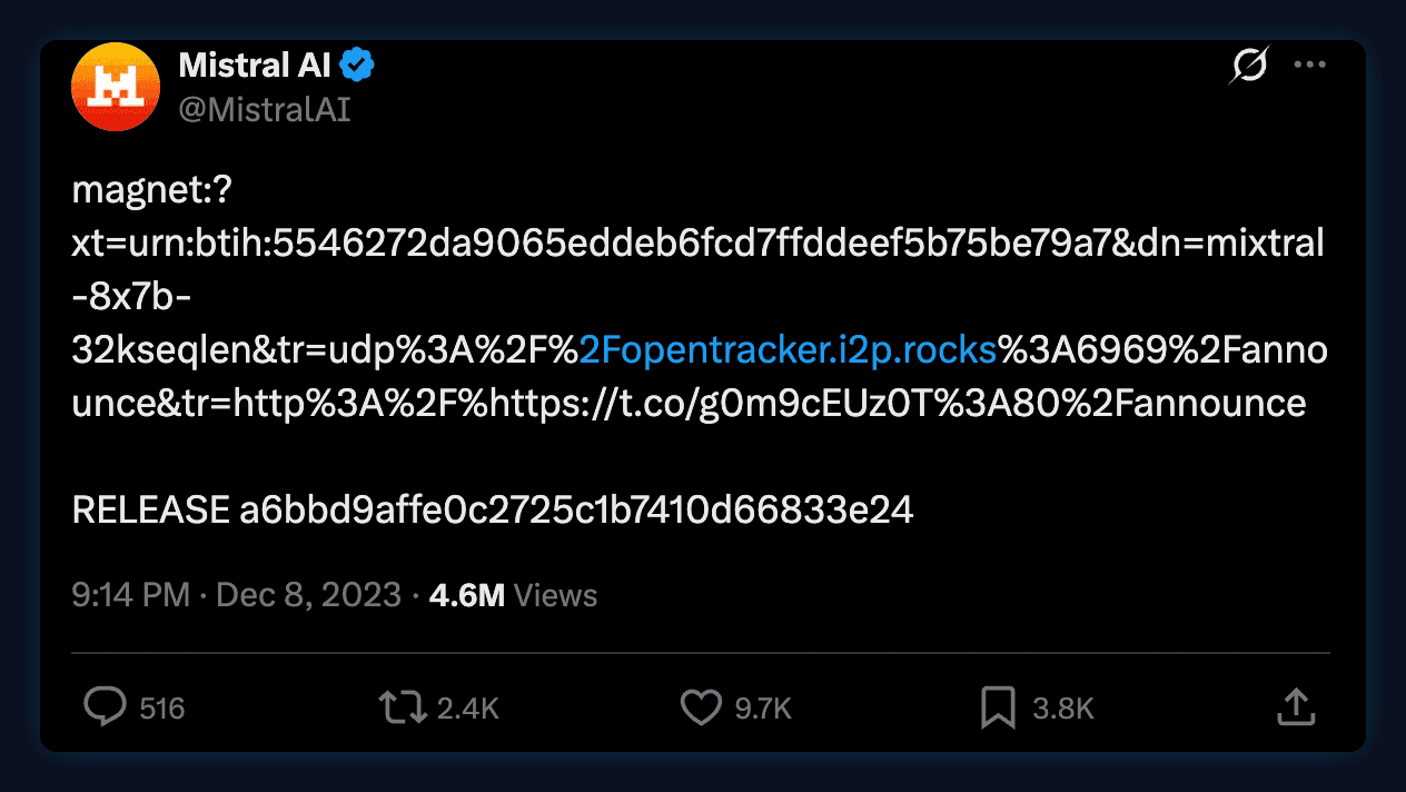 Tweet by Mistral AI, December 8, 2023: a bare magnet link for mixtral-8x7b-32kseqlen, followed by RELEASE a6bbd9affe0c2725c1b7410d66833e24. No other text.