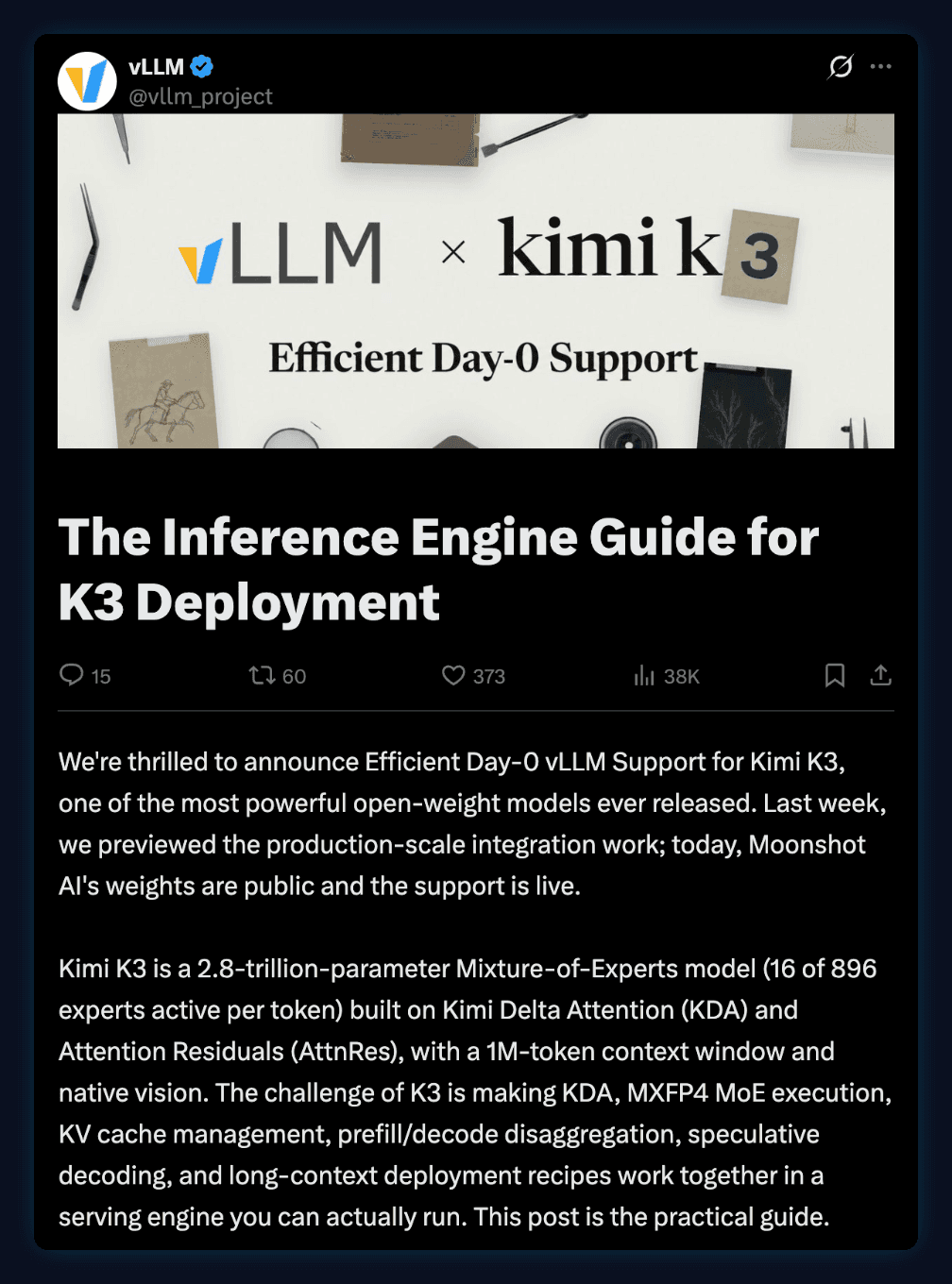 Post by vLLM: The Inference Engine Guide for K3 Deployment. Kimi K3 is a 2.8-trillion-parameter mixture-of-experts model, 16 of 896 experts active per token, with a 1M-token context window and native vision; the challenge includes MXFP4 MoE execution and KV cache management.