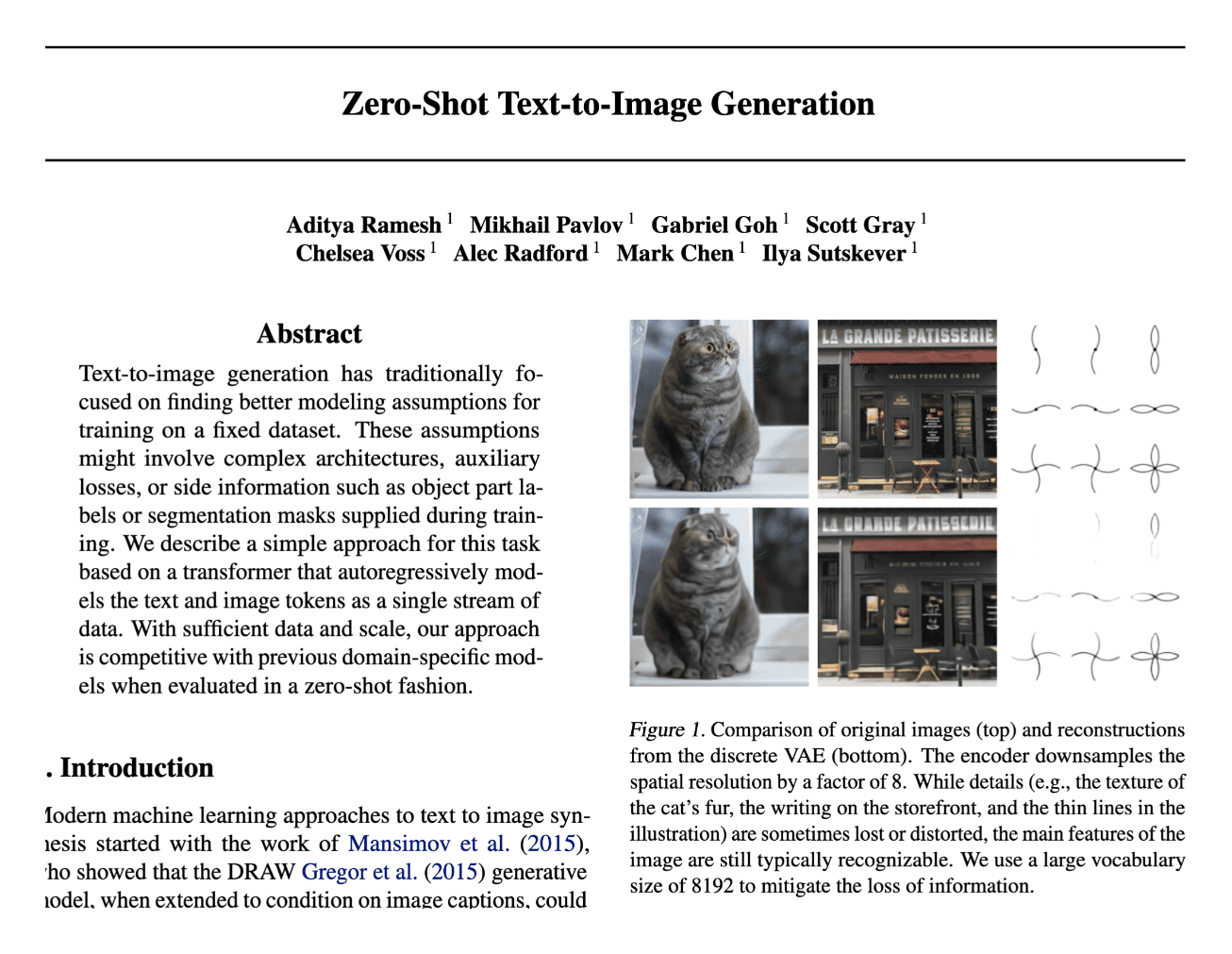 Title and abstract of Zero-Shot Text-to-Image Generation, Ramesh et al., 2021