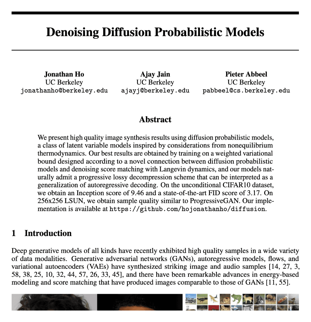Title and abstract of Denoising Diffusion Probabilistic Models, Ho, Jain and Abbeel, 2020