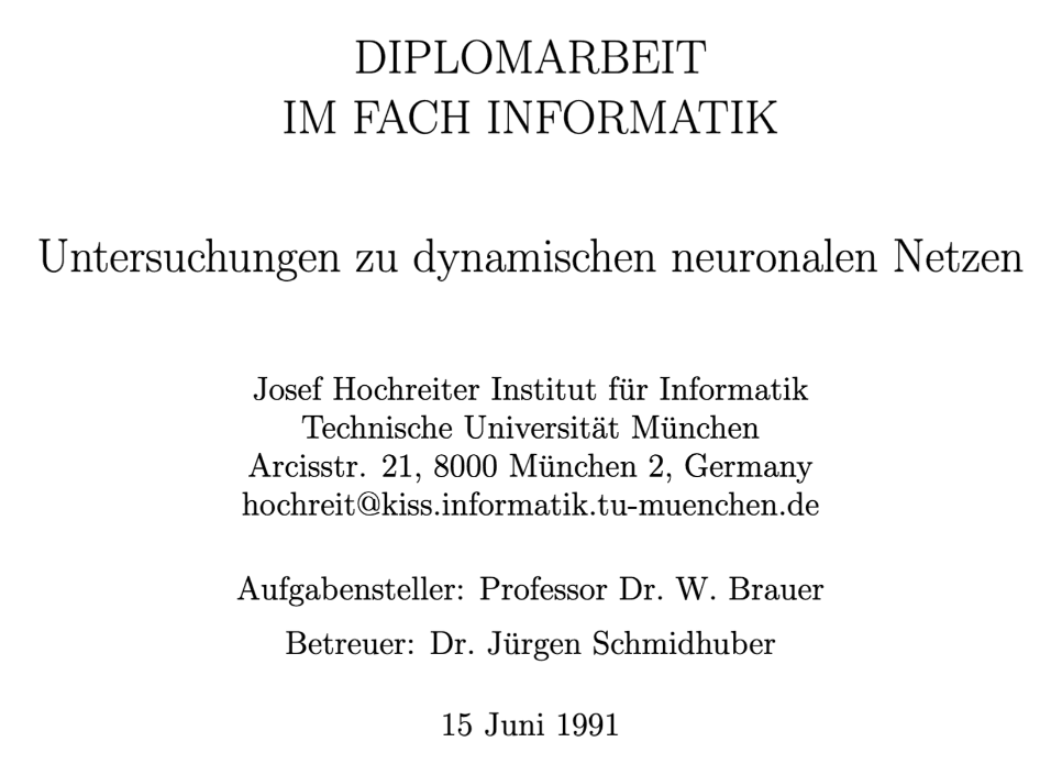 Title page of Sepp Hochreiter's 1991 diploma thesis, Untersuchungen zu dynamischen neuronalen Netzen