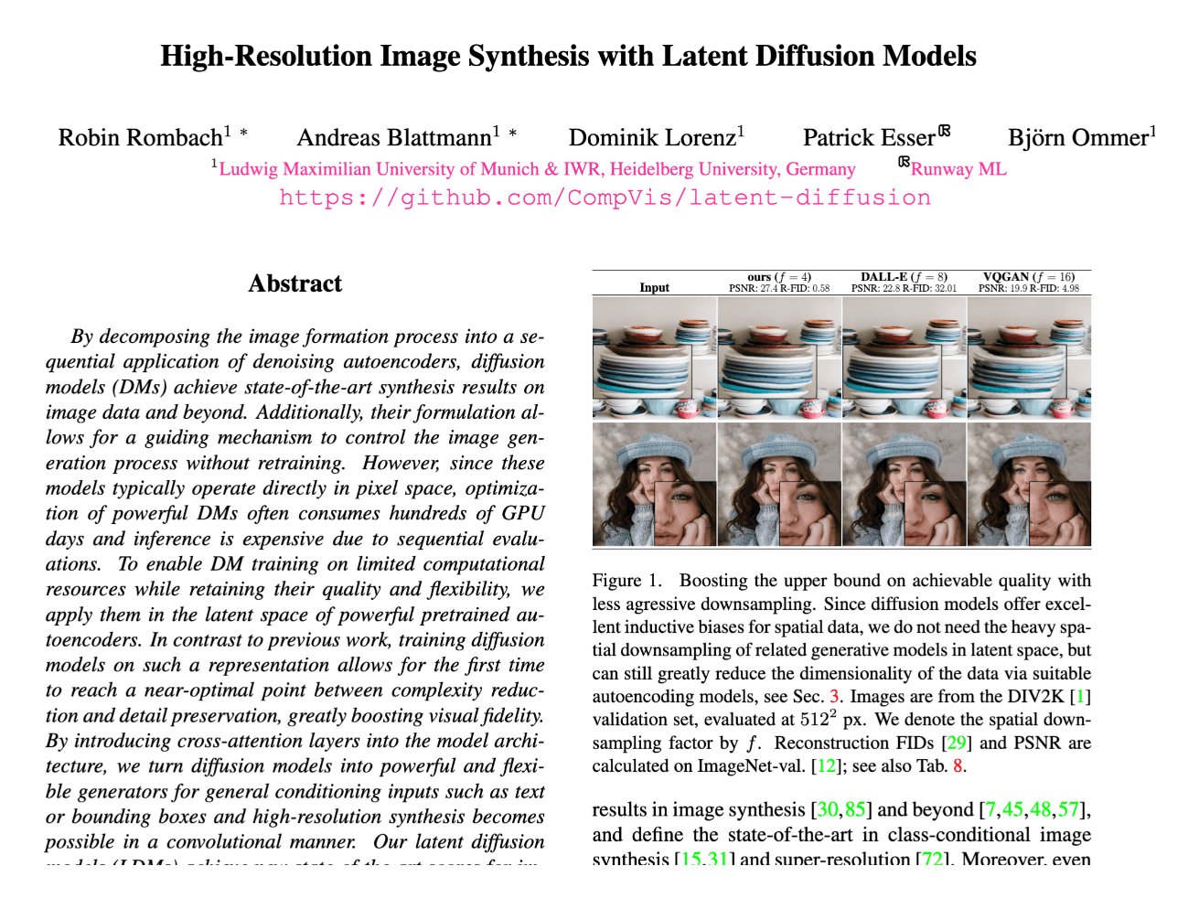 Title and abstract of High-Resolution Image Synthesis with Latent Diffusion Models, Rombach et al., 2021