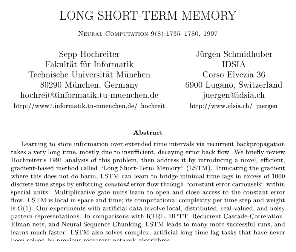 Title page of Long Short-Term Memory by Hochreiter and Schmidhuber, Neural Computation, 1997