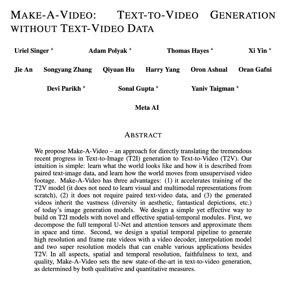 Title and abstract of Make-A-Video: Text-to-Video Generation without Text-Video Data, Singer et al., Meta AI, 2022