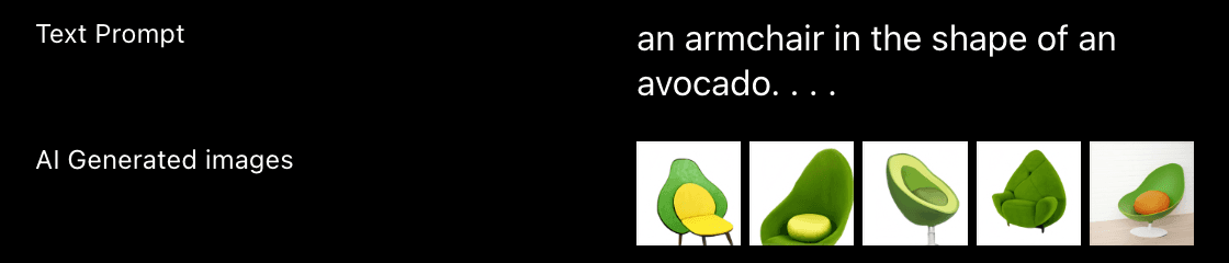 DALL-E's results for the prompt an armchair in the shape of an avocado: five green avocado-shaped chairs