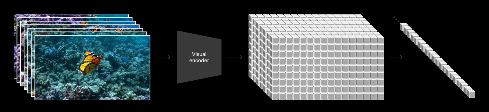 Video frames pass through a visual encoder and are cut into a grid of spacetime patches