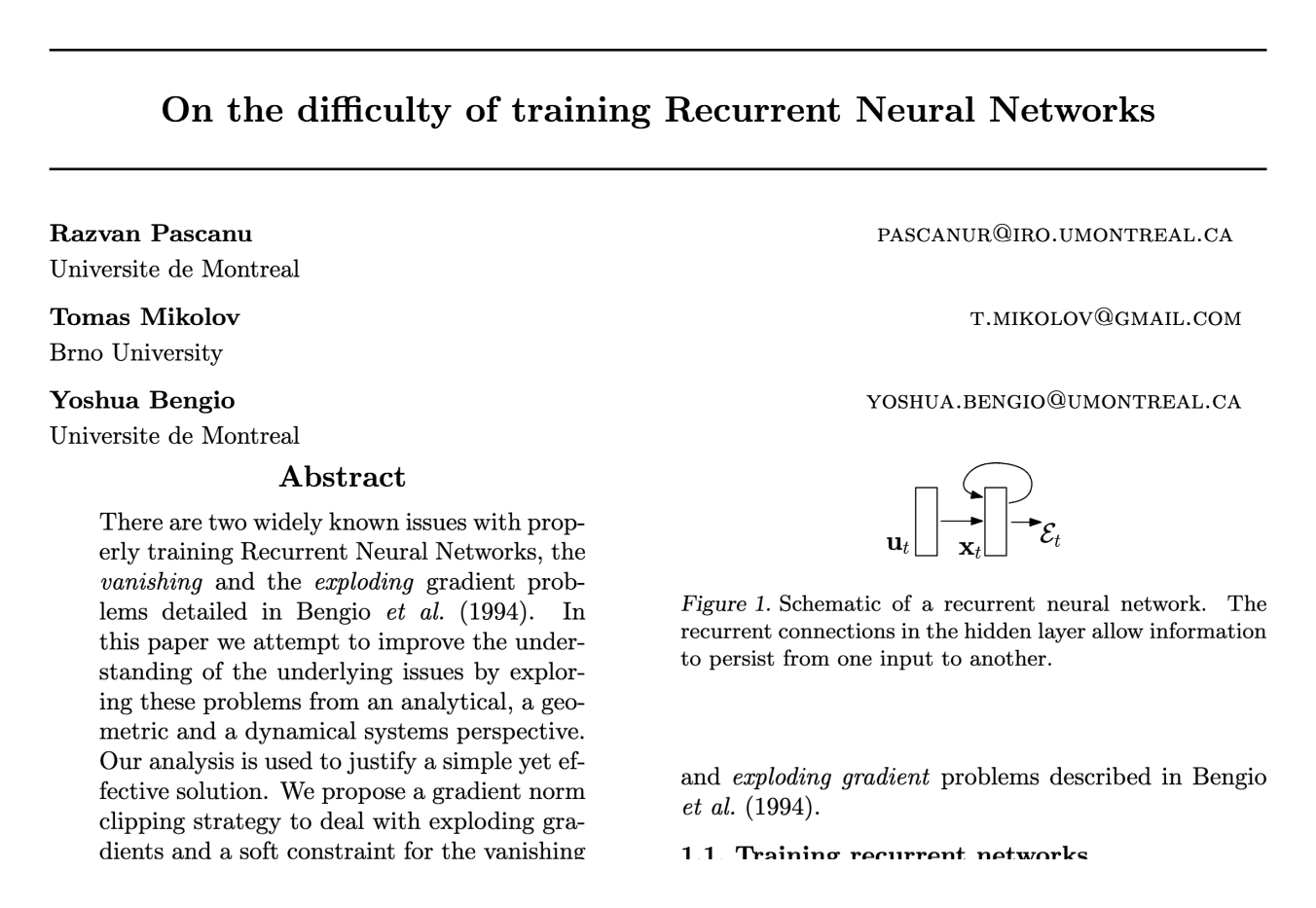 Title and abstract of On the difficulty of training Recurrent Neural Networks, Pascanu, Mikolov and Bengio