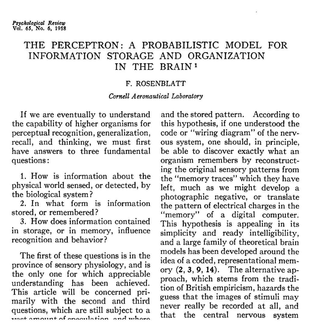 Title page of Rosenblatt's 1958 paper, The Perceptron: A Probabilistic Model for Information Storage and Organization in the Brain