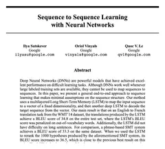 Title and abstract of "Sequence to Sequence Learning with Neural Networks", Sutskever, Vinyals and Le, 2014