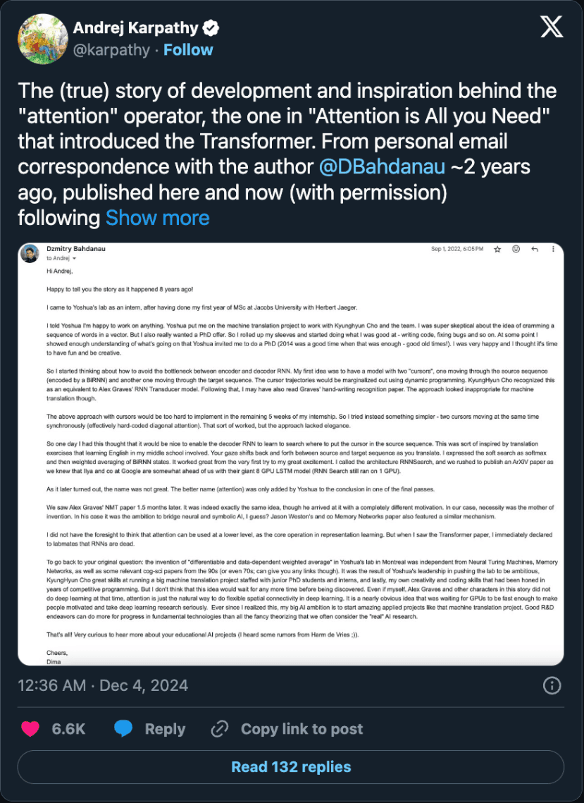 Post by Andrej Karpathy, December 3, 2024, sharing an email from Dzmitry Bahdanau that tells how attention was invented during his internship in Yoshua Bengio's lab