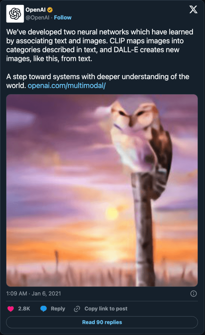 Post by OpenAI, January 5, 2021: We've developed two neural networks which have learned by associating text and images. CLIP maps images into categories described in text, and DALL-E creates new images, like this, from text.