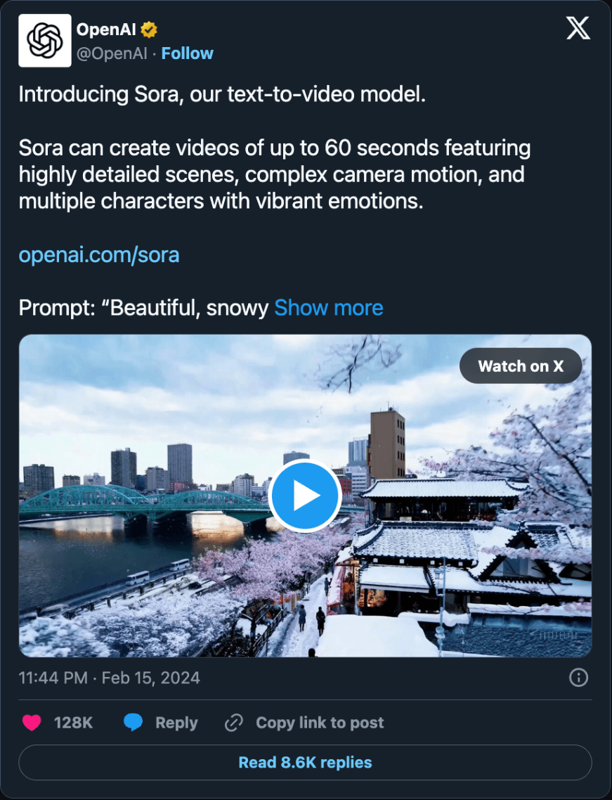 Post by OpenAI, February 15, 2024: Introducing Sora, our text-to-video model. Sora can create videos of up to 60 seconds featuring highly detailed scenes, complex camera motion, and multiple characters with vibrant emotions.