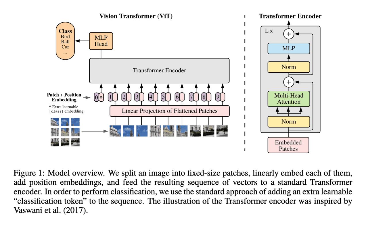 Figure 1 of An Image is Worth 16x16 Words: an image is split into fixed-size patches, each is linearly embedded, position embeddings are added, and the sequence goes into a standard Transformer encoder